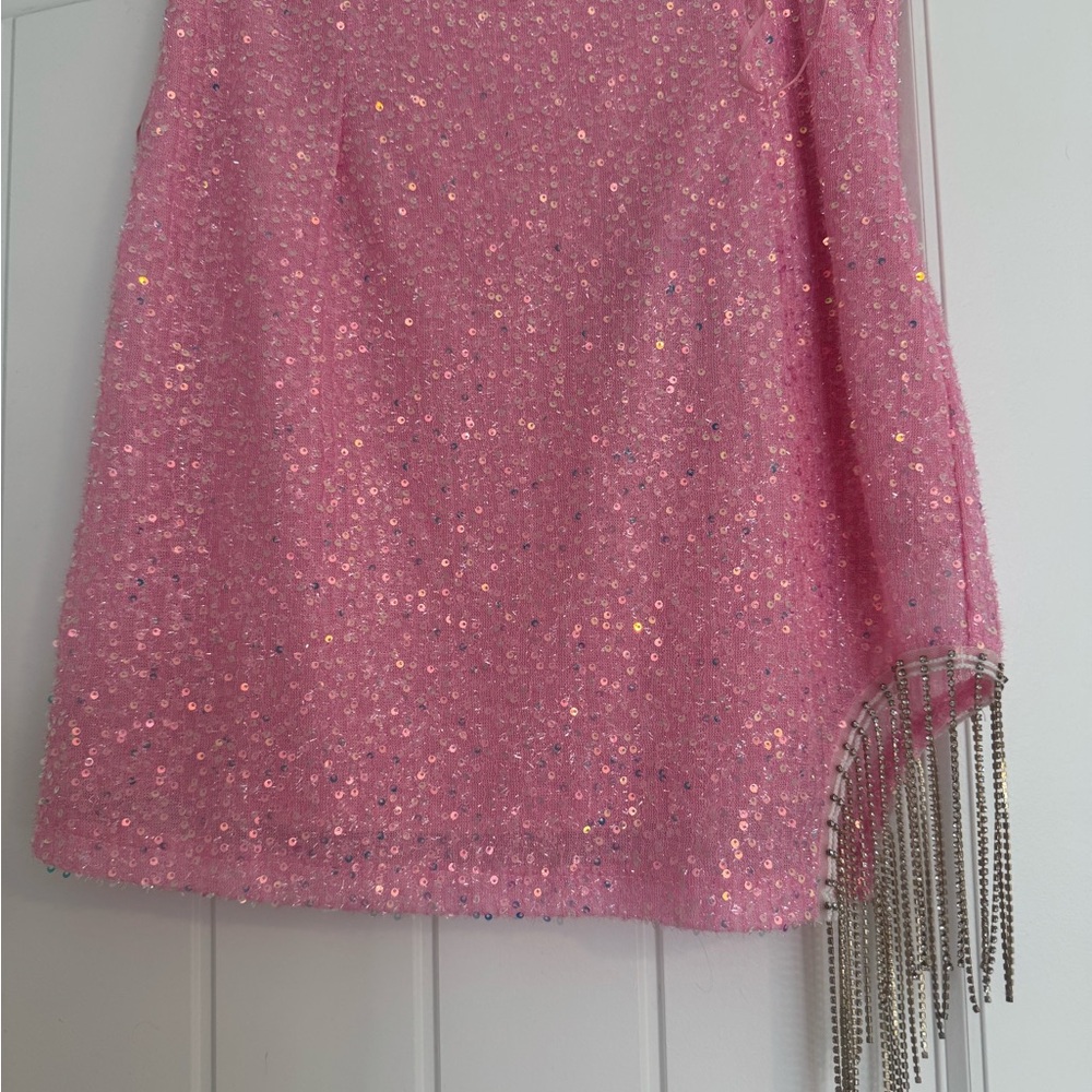 Glamorous Pink Sequin Mini Skirt with Rhinestone Fringe